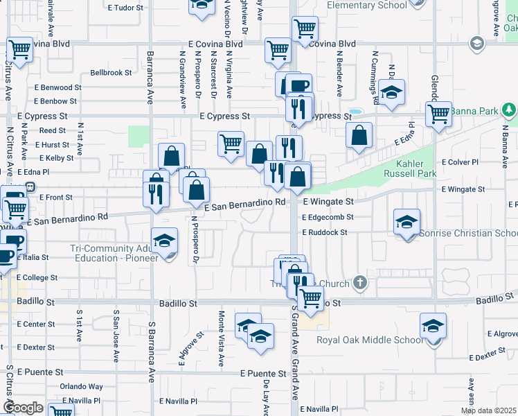 map of restaurants, bars, coffee shops, grocery stores, and more near 433 Linda Terrace North in Covina