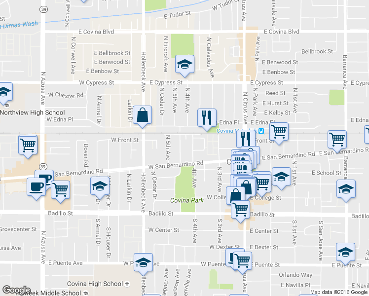 map of restaurants, bars, coffee shops, grocery stores, and more near 524 North Valencia Place in Covina