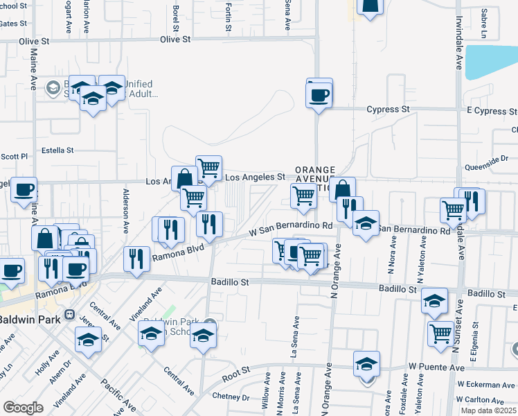 map of restaurants, bars, coffee shops, grocery stores, and more near 2105 W San Bernardino Rd in West Covina