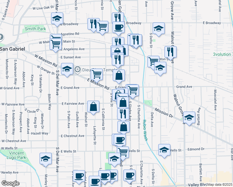 map of restaurants, bars, coffee shops, grocery stores, and more near 928 South Pine Street in San Gabriel