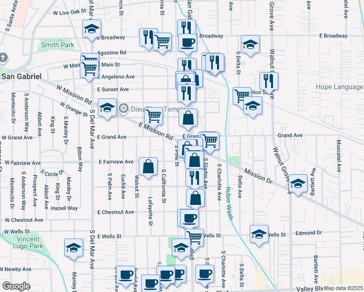 map of restaurants, bars, coffee shops, grocery stores, and more near 928 South Pine Street in San Gabriel