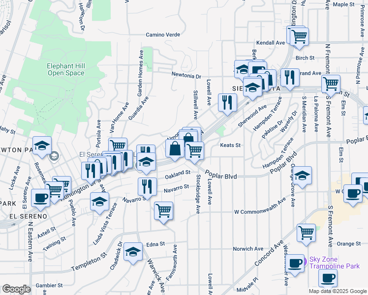 map of restaurants, bars, coffee shops, grocery stores, and more near 5380 Huntington Drive North in Los Angeles