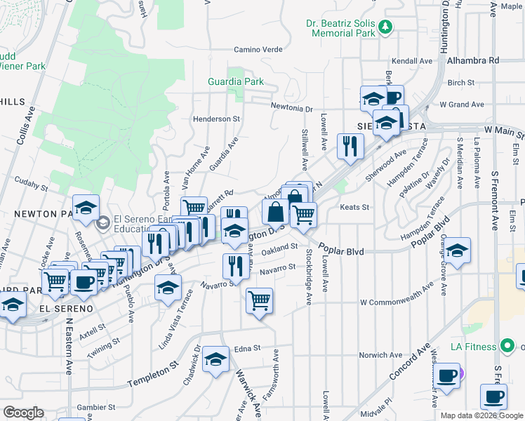 map of restaurants, bars, coffee shops, grocery stores, and more near 5239 Huntington Drive North in Los Angeles
