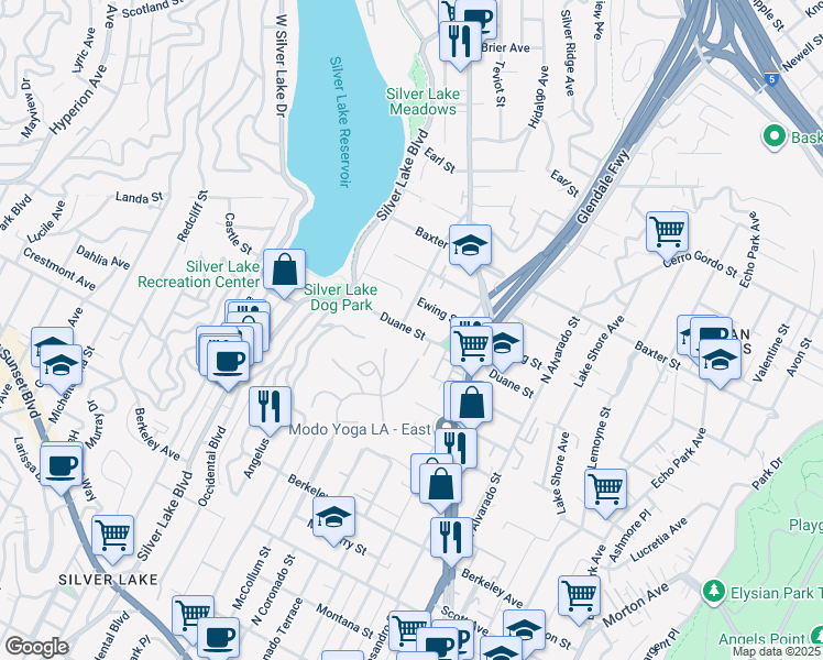 map of restaurants, bars, coffee shops, grocery stores, and more near 2262 Duane Street in Los Angeles