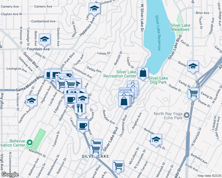 map of restaurants, bars, coffee shops, grocery stores, and more near 1705 Redesdale Avenue in Los Angeles