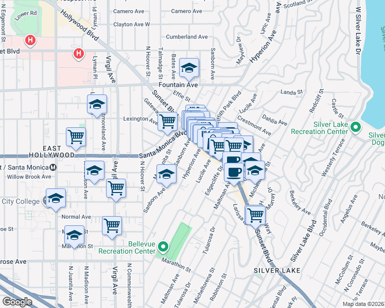 map of restaurants, bars, coffee shops, grocery stores, and more near 1016 Sanborn Avenue in Los Angeles