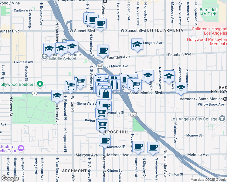 map of restaurants, bars, coffee shops, grocery stores, and more near 1089 North Oxford Avenue in Los Angeles