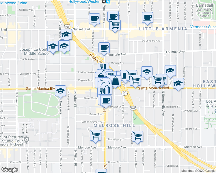 map of restaurants, bars, coffee shops, grocery stores, and more near 1089 North Oxford Avenue in Los Angeles