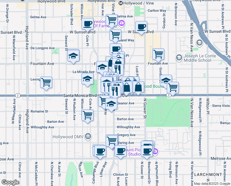 map of restaurants, bars, coffee shops, grocery stores, and more near in Los Angeles