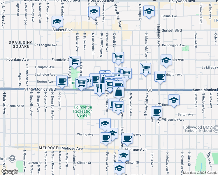 map of restaurants, bars, coffee shops, grocery stores, and more near 180 Santa Monica Boulevard in West Hollywood