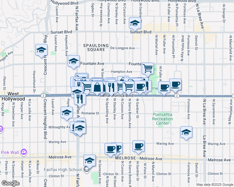 map of restaurants, bars, coffee shops, grocery stores, and more near in West Hollywood