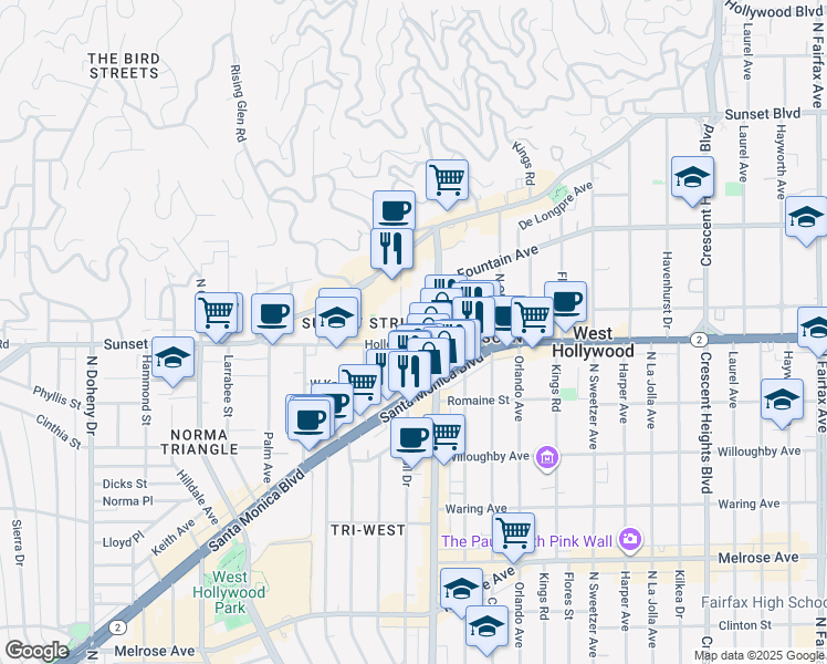 map of restaurants, bars, coffee shops, grocery stores, and more near 8510 Holloway Drive in West Hollywood