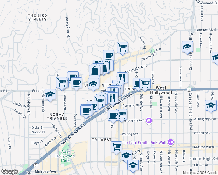 map of restaurants, bars, coffee shops, grocery stores, and more near 8558 Holloway Drive in West Hollywood