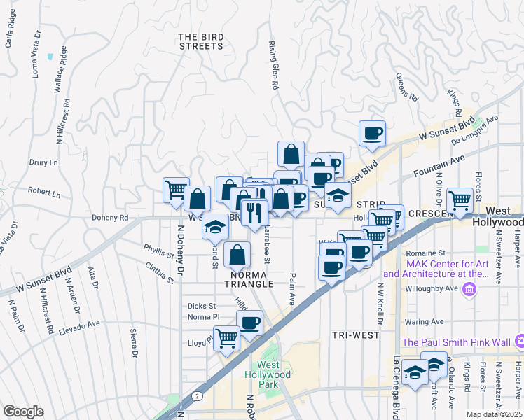 map of restaurants, bars, coffee shops, grocery stores, and more near 8833 Sunset Boulevard in West Hollywood