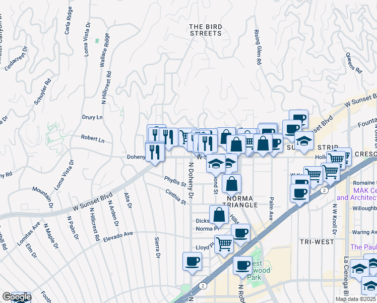 map of restaurants, bars, coffee shops, grocery stores, and more near in West Hollywood