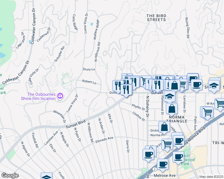 map of restaurants, bars, coffee shops, grocery stores, and more near 810 Sierra Drive in Beverly Hills