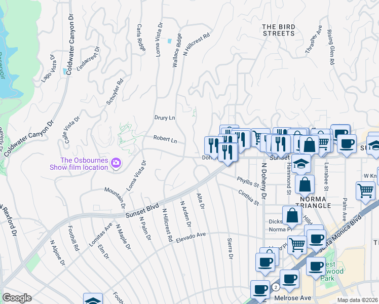 map of restaurants, bars, coffee shops, grocery stores, and more near 400 Doheny Road in Beverly Hills