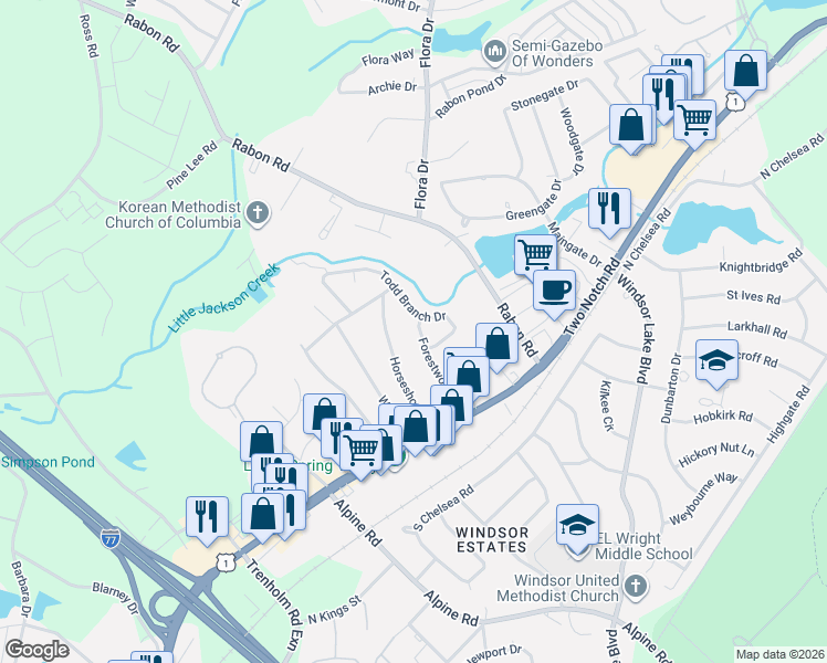 map of restaurants, bars, coffee shops, grocery stores, and more near 301 Forestwood Drive in Columbia