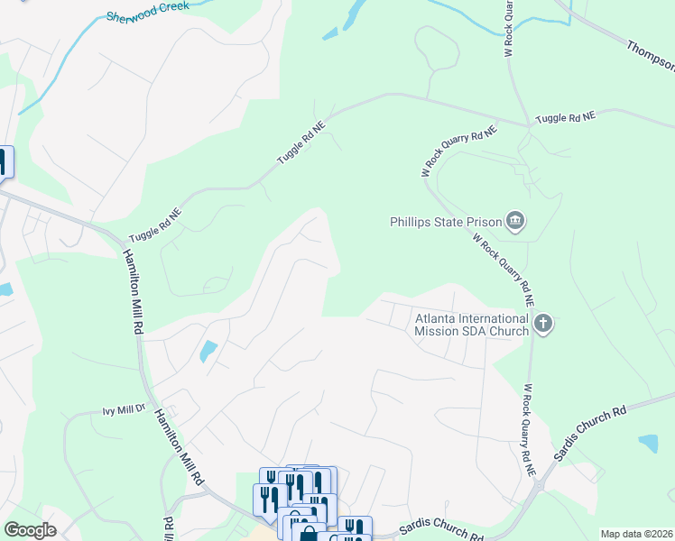 map of restaurants, bars, coffee shops, grocery stores, and more near 4390 Plantation Mill Tr Northeast in Buford