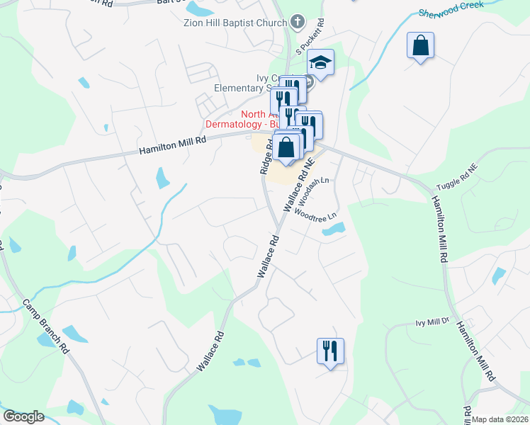 map of restaurants, bars, coffee shops, grocery stores, and more near 3205 Hampton Bay Cove Northeast in Buford