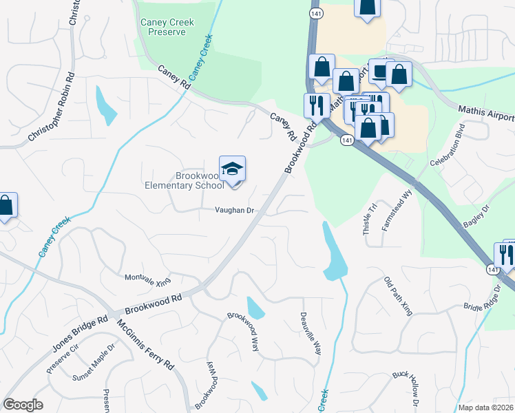 map of restaurants, bars, coffee shops, grocery stores, and more near 2910 Vaughan Drive in Cumming