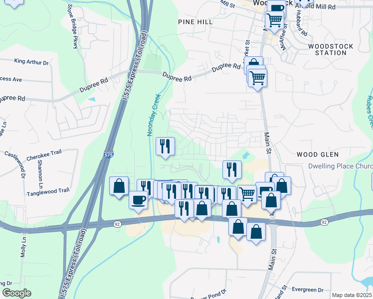 map of restaurants, bars, coffee shops, grocery stores, and more near 3003 Clayton Street in Woodstock
