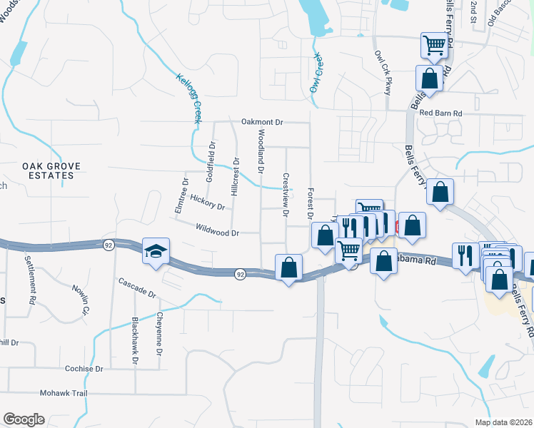 map of restaurants, bars, coffee shops, grocery stores, and more near 1369 Live Oak Lane in Acworth