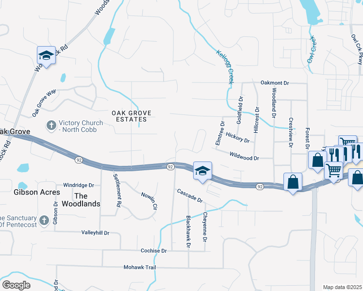 map of restaurants, bars, coffee shops, grocery stores, and more near 103 Bryon Lane in Acworth