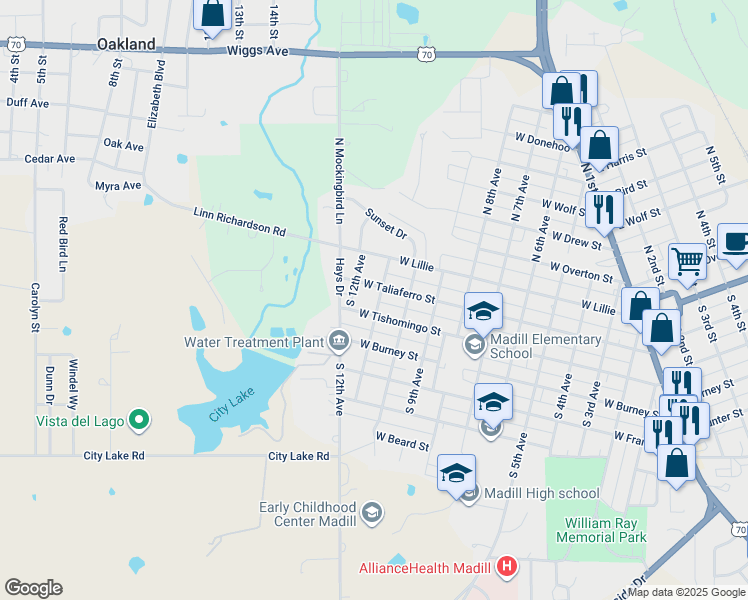 map of restaurants, bars, coffee shops, grocery stores, and more near 1010 West Tishomingo Street in Madill