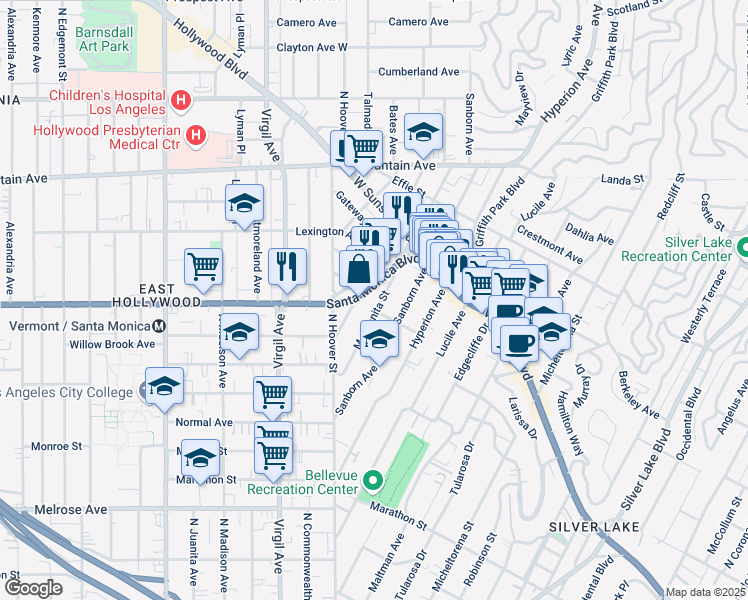 map of restaurants, bars, coffee shops, grocery stores, and more near 1009 Manzanita Street in Los Angeles
