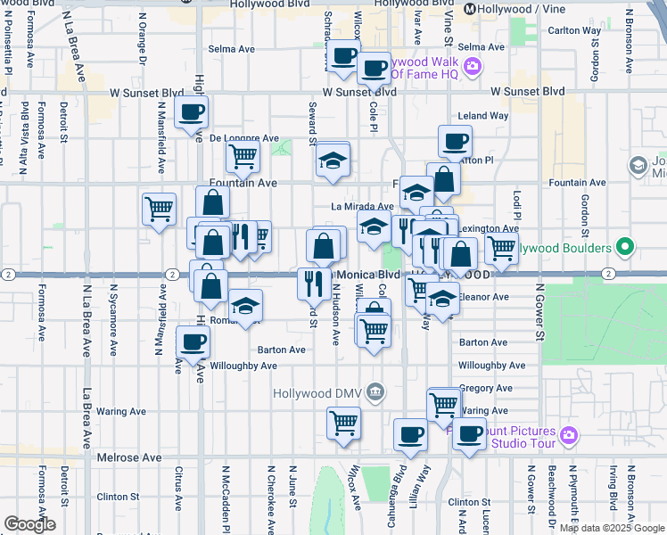 map of restaurants, bars, coffee shops, grocery stores, and more near 6522 Santa Monica Boulevard in Los Angeles