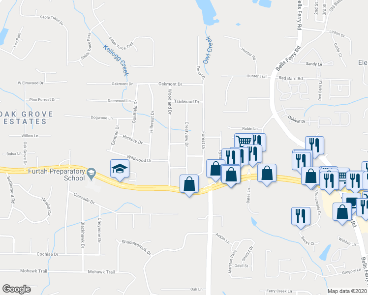 map of restaurants, bars, coffee shops, grocery stores, and more near 1345 Live Oak Lane in Acworth