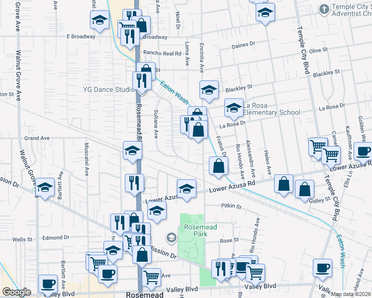 map of restaurants, bars, coffee shops, grocery stores, and more near 4956 Sereno Drive in Temple City