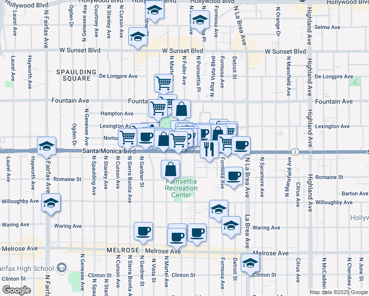 map of restaurants, bars, coffee shops, grocery stores, and more near 7336 Santa Monica Boulevard in West Hollywood