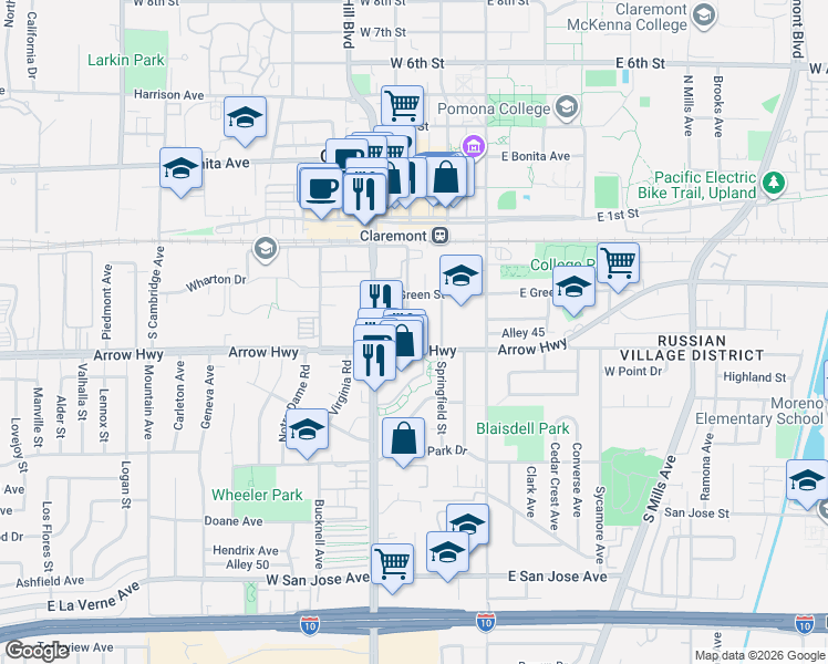 map of restaurants, bars, coffee shops, grocery stores, and more near 240 Olive Street in Claremont