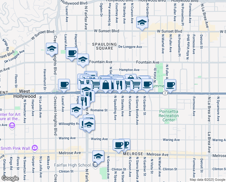 map of restaurants, bars, coffee shops, grocery stores, and more near in West Hollywood