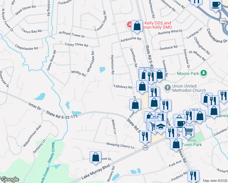 map of restaurants, bars, coffee shops, grocery stores, and more near 181 Thames Valley Court in Irmo