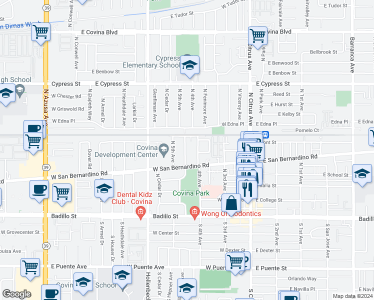 map of restaurants, bars, coffee shops, grocery stores, and more near 550 North Valencia Place in Covina