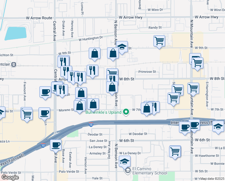 map of restaurants, bars, coffee shops, grocery stores, and more near 9014 North Benson Avenue in Montclair