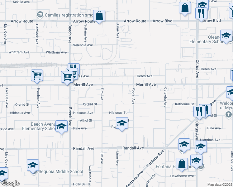 map of restaurants, bars, coffee shops, grocery stores, and more near 8967 Lime Court in Fontana