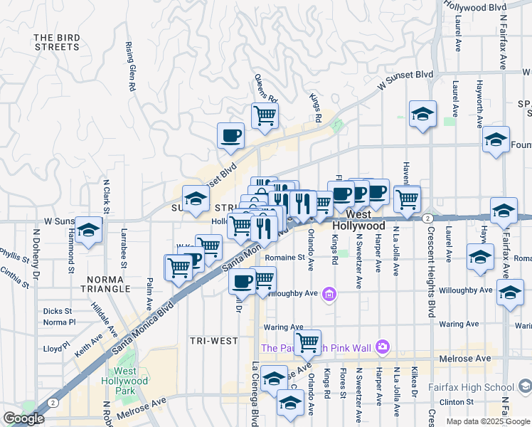 map of restaurants, bars, coffee shops, grocery stores, and more near 8442 Santa Monica Boulevard in West Hollywood