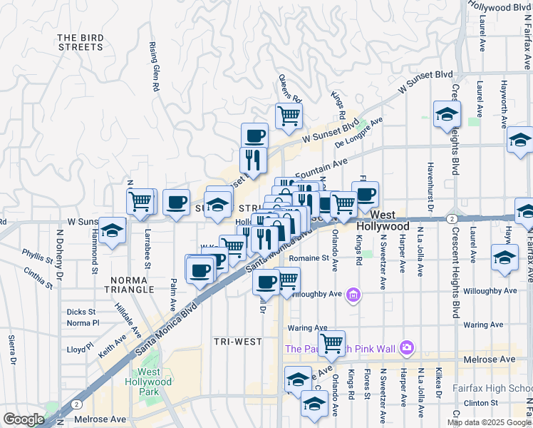 map of restaurants, bars, coffee shops, grocery stores, and more near 8510 Holloway Drive in West Hollywood