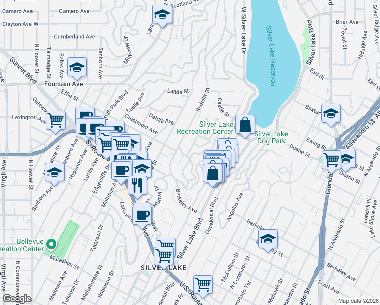 map of restaurants, bars, coffee shops, grocery stores, and more near 1710 North Dillon Street in Los Angeles