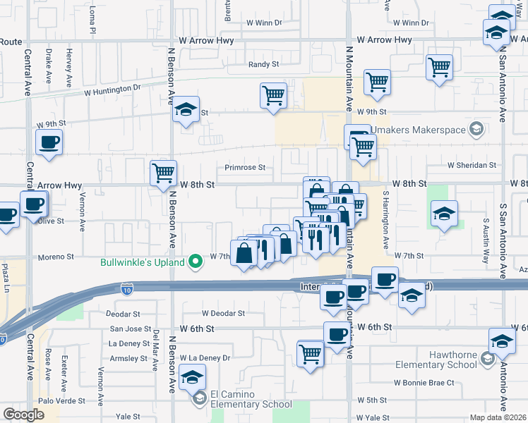 map of restaurants, bars, coffee shops, grocery stores, and more near 1384 West Maxwell Street in Upland