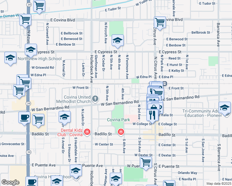 map of restaurants, bars, coffee shops, grocery stores, and more near 550 North Valencia Place in Covina