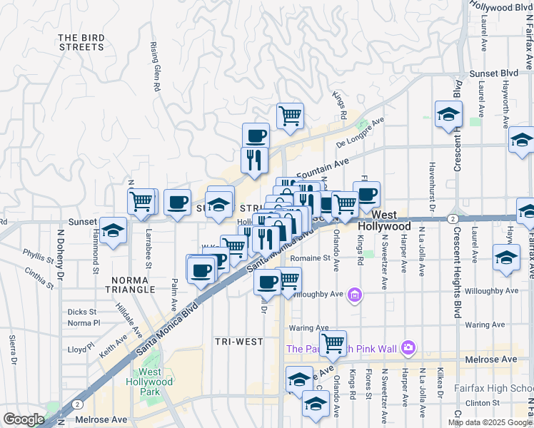 map of restaurants, bars, coffee shops, grocery stores, and more near 1100 Alta Loma Road in West Hollywood
