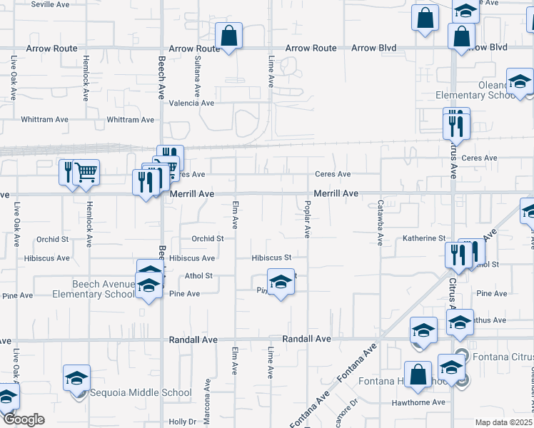 map of restaurants, bars, coffee shops, grocery stores, and more near 8967 Lime Court in Fontana