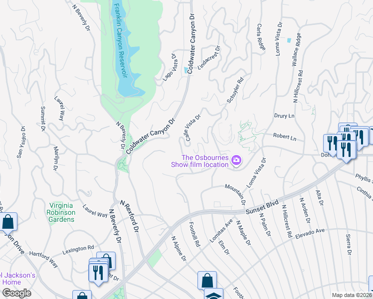 map of restaurants, bars, coffee shops, grocery stores, and more near 1118 Calle Vista Drive in Beverly Hills