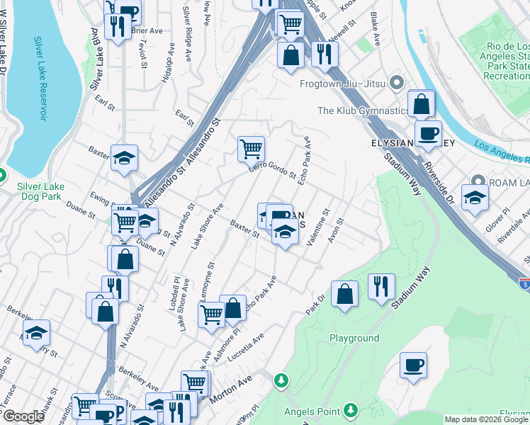 map of restaurants, bars, coffee shops, grocery stores, and more near 1631 Champlain Terrace in Los Angeles