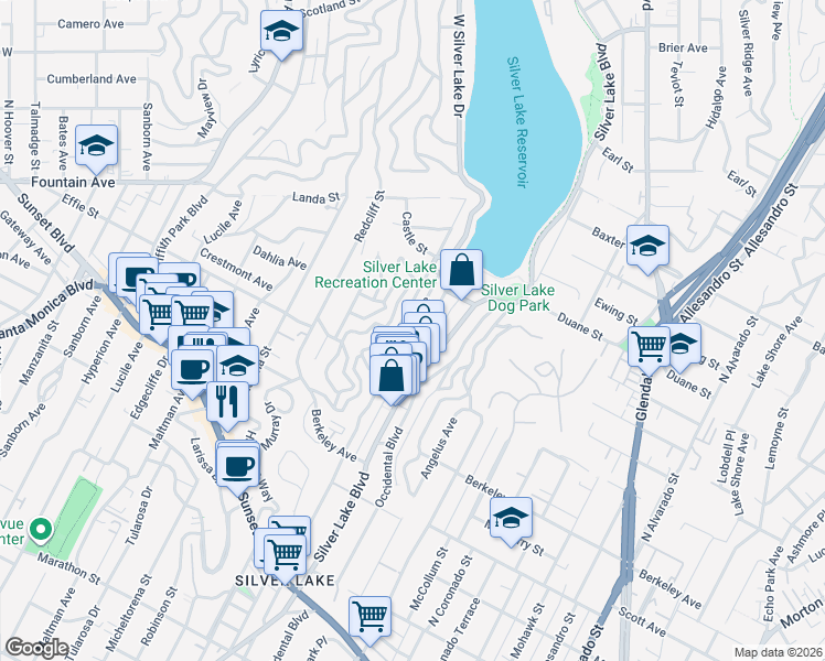 map of restaurants, bars, coffee shops, grocery stores, and more near 2958 Swan Place in Los Angeles